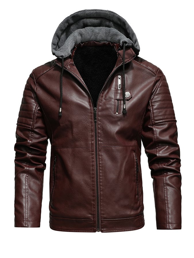 Gevoerde Leren Look Jas met Capuchon en Rits