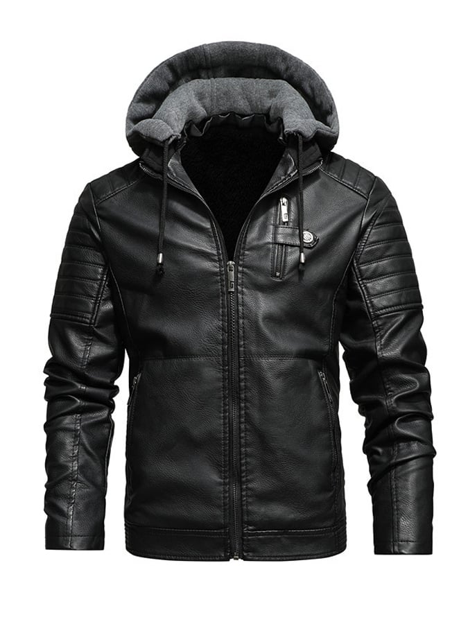 Gevoerde Leren Look Jas met Capuchon en Rits