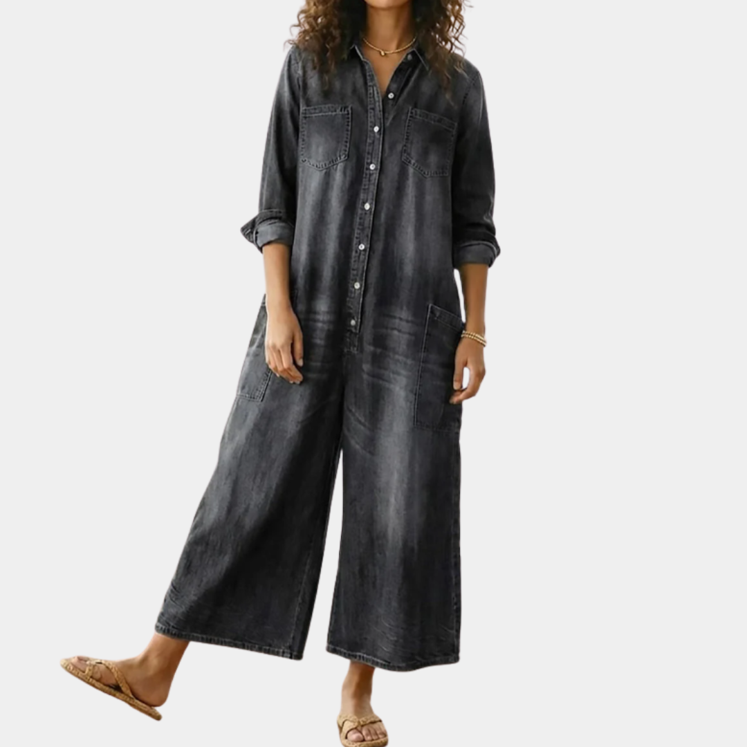 Diana | Vintage denim overal z praného bavlněného materiálu s knoflíkovým zapínáním