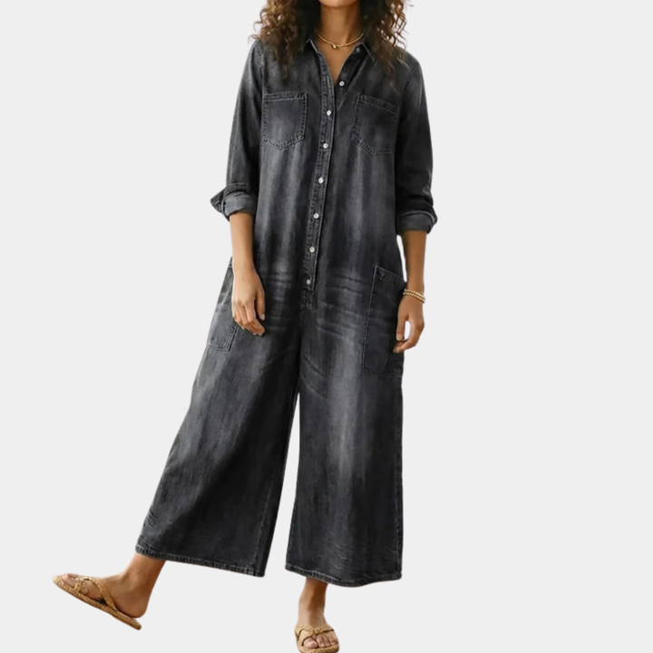 Diana | Vintage denim overal z praného bavlněného materiálu s knoflíkovým zapínáním