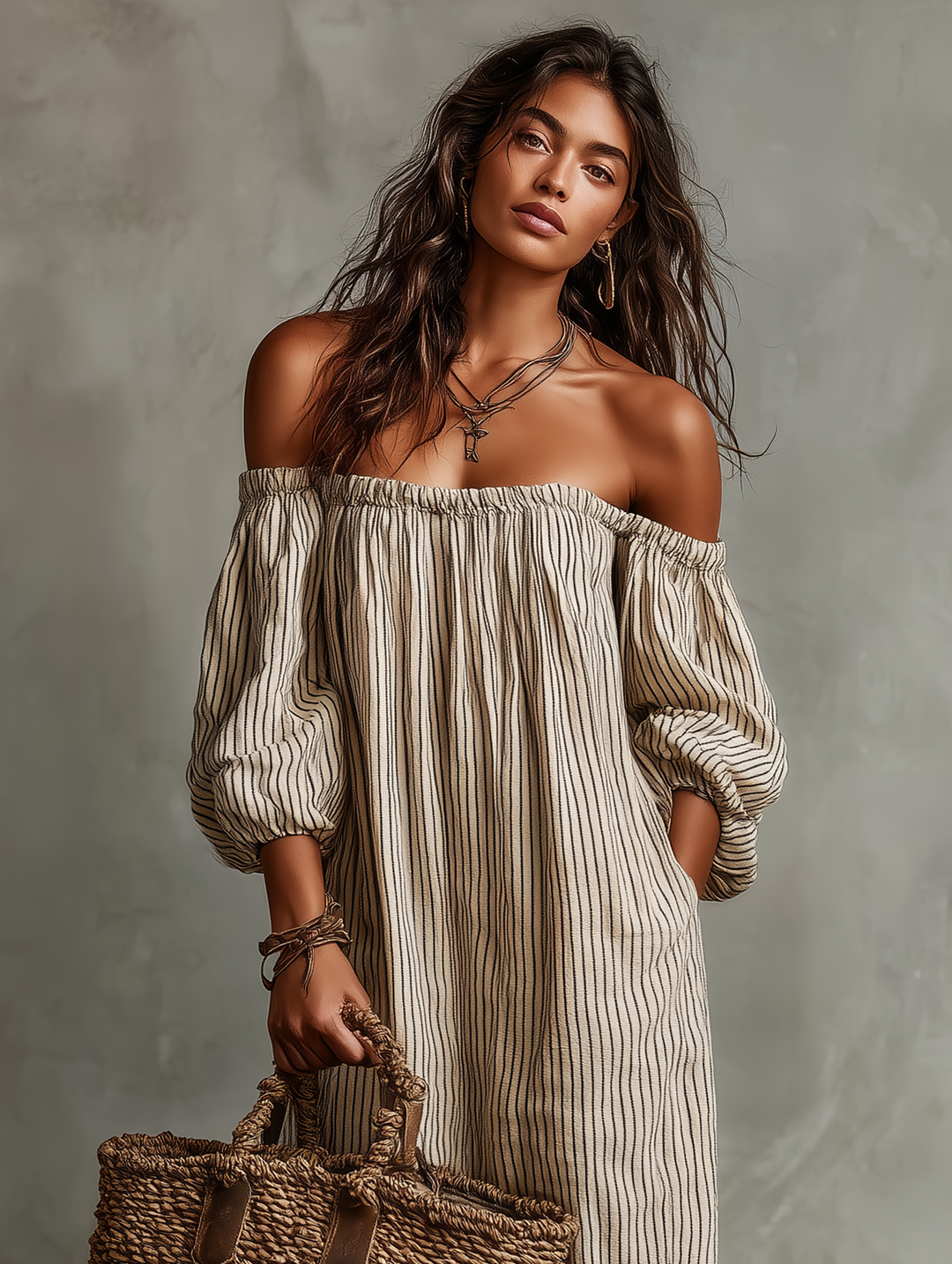 Carmen | Dlouhé Šaty z Bavlny a Lnu s Off-the-Shoulder Výstřihem