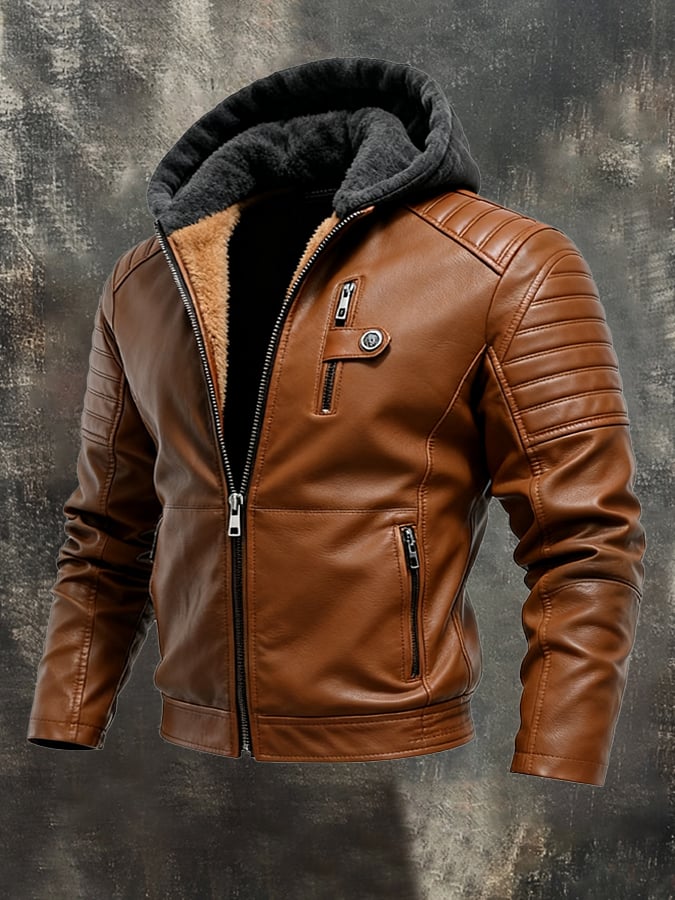 Gevoerde Leren Look Jas met Capuchon en Rits