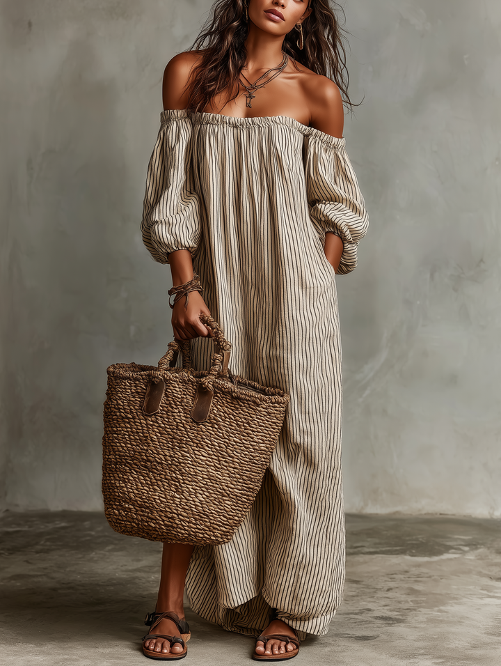 Carmen | Dlouhé Šaty z Bavlny a Lnu s Off-the-Shoulder Výstřihem