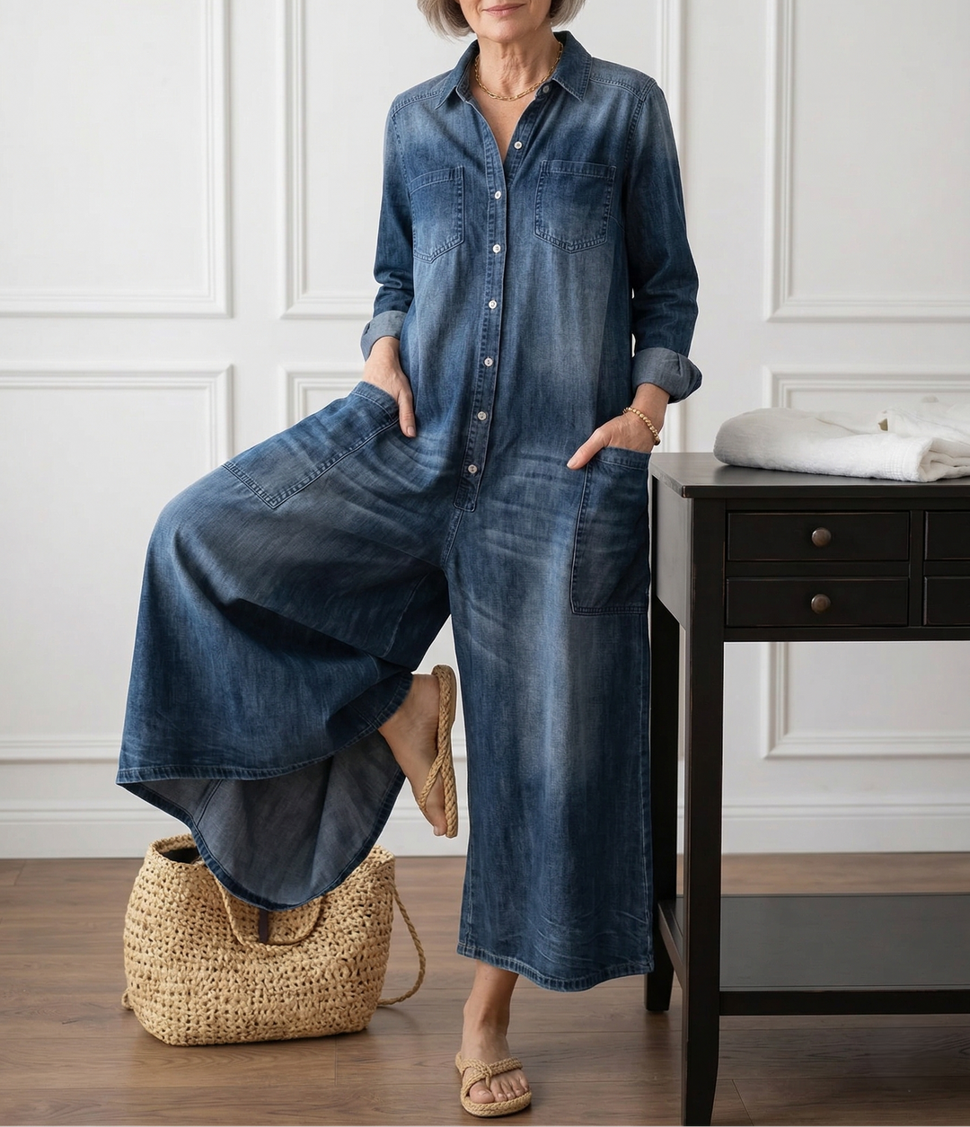 Diana | Vintage denim overal z praného bavlněného materiálu s knoflíkovým zapínáním