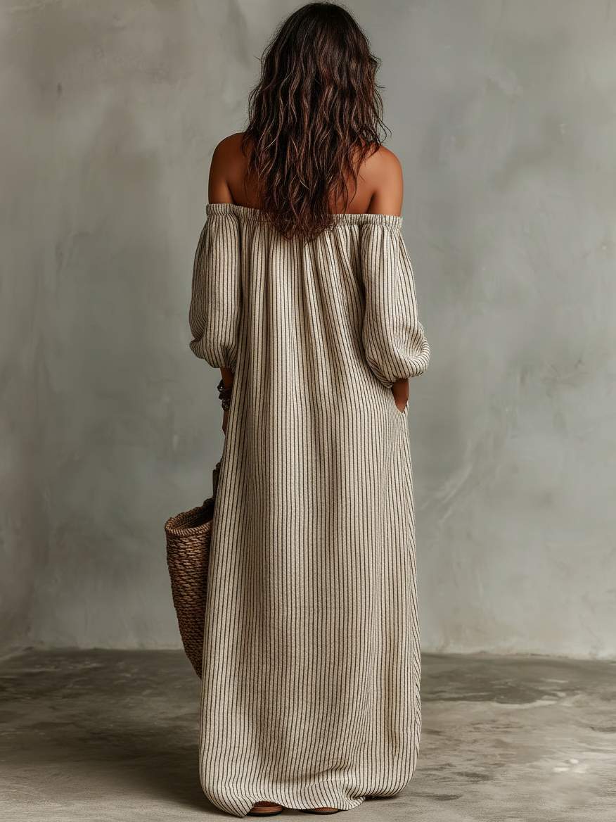 Carmen | Dlouhé Šaty z Bavlny a Lnu s Off-the-Shoulder Výstřihem