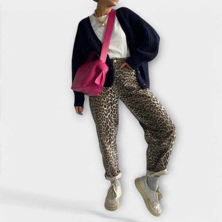 Chandra - Vintage Džínové Kalhoty s Leopardím Vzorem