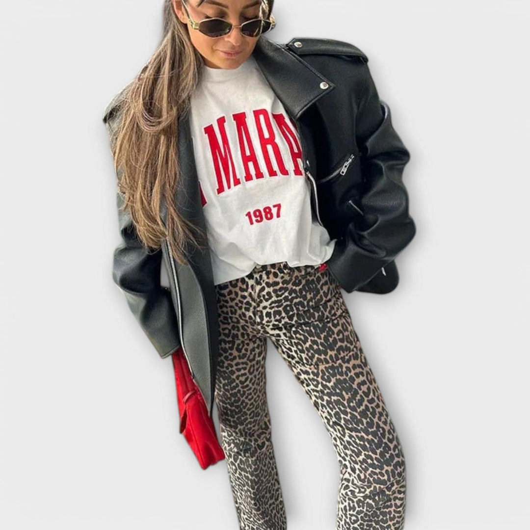 Chandra - Vintage Džínové Kalhoty s Leopardím Vzorem