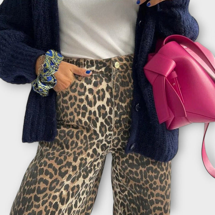 Chandra - Vintage Džínové Kalhoty s Leopardím Vzorem