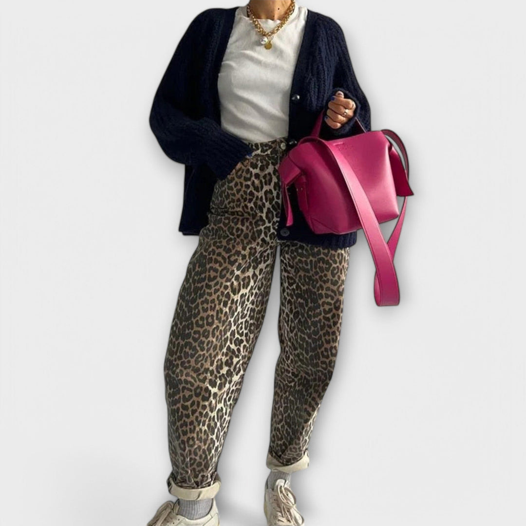 Chandra - Vintage Džínové Kalhoty s Leopardím Vzorem