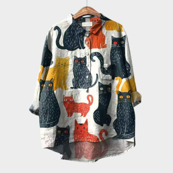 Liliana™ | Tijdloze Linnen Blouse met Kleurrijke Katten voor Comfort