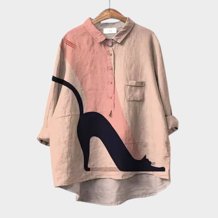 Liliana™ | Tijdloze Linnen Blouse met Kleurrijke Katten voor Comfort
