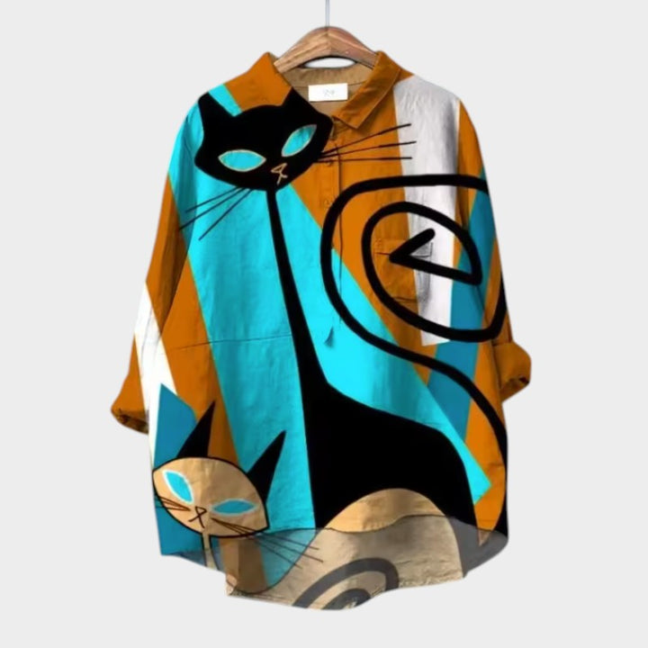 Liliana™ | Tijdloze Linnen Blouse met Kleurrijke Katten voor Comfort