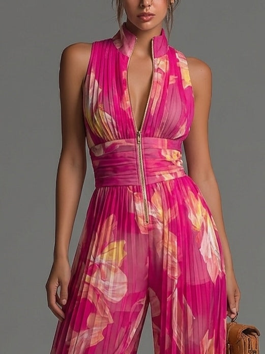 Leabella | Fuchsie Květnatý Plisovaný Jumpsuit