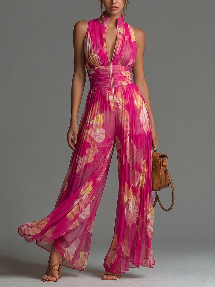 Leabella | Fuchsie Květnatý Plisovaný Jumpsuit