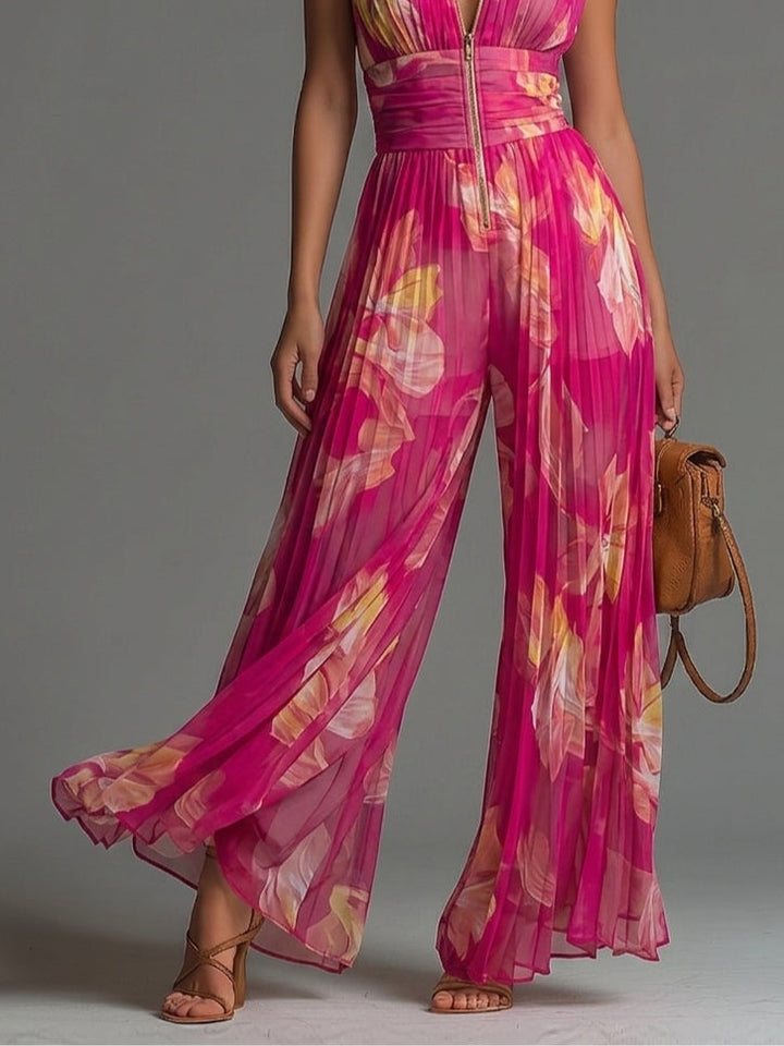 Leabella | Fuchsie Květnatý Plisovaný Jumpsuit