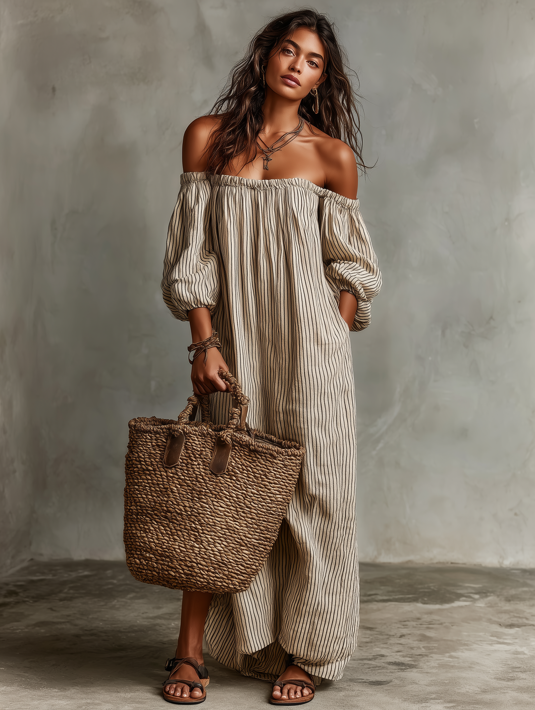Carmen | Dlouhé Šaty z Bavlny a Lnu s Off-the-Shoulder Výstřihem