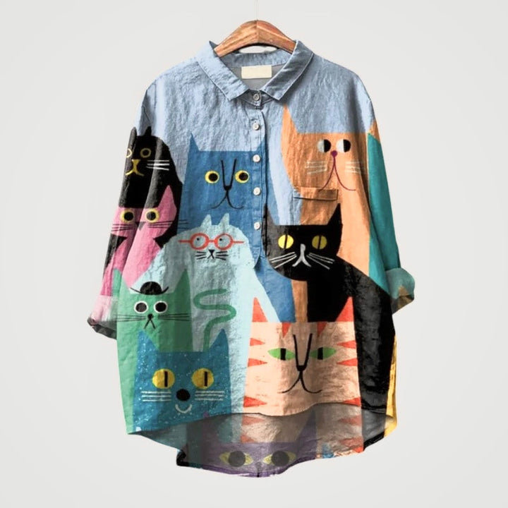 Liliana™ | Tijdloze Linnen Blouse met Kleurrijke Katten voor Comfort