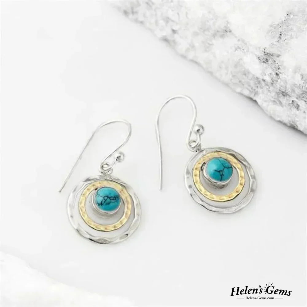 Boho Saturnus Oorbellen met Turquoise Steen in Zilver en Goud