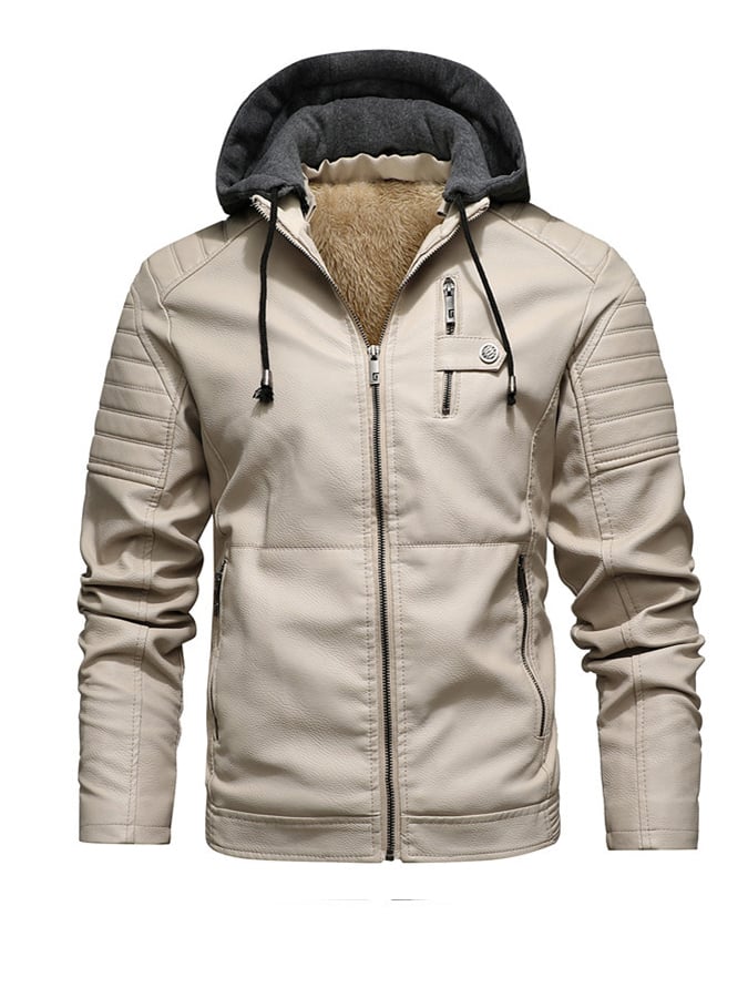 Gevoerde Leren Look Jas met Capuchon en Rits