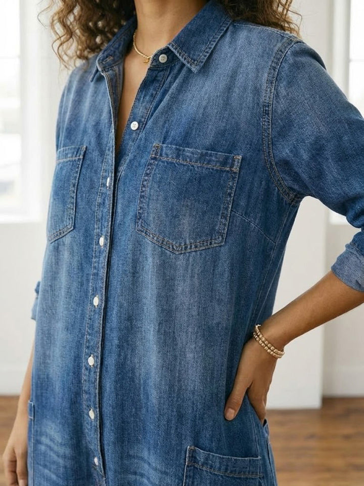 Diana | Vintage denim overal z praného bavlněného materiálu s knoflíkovým zapínáním