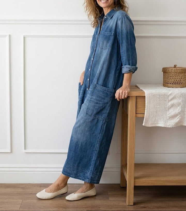 Diana | Vintage denim overal z praného bavlněného materiálu s knoflíkovým zapínáním