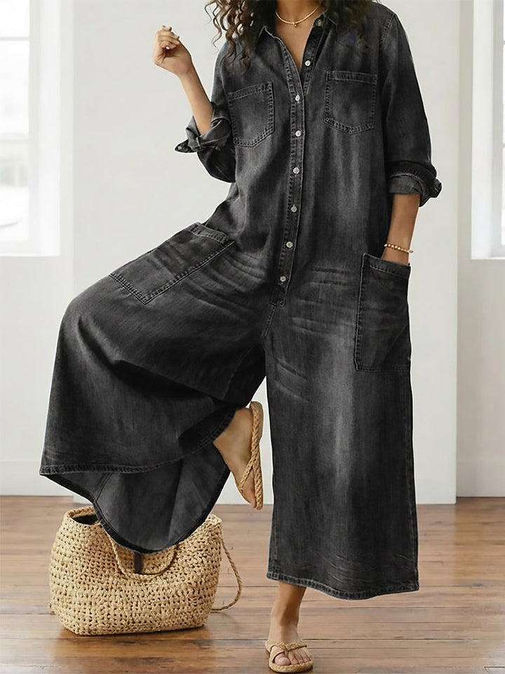 Diana | Vintage denim overal z praného bavlněného materiálu s knoflíkovým zapínáním