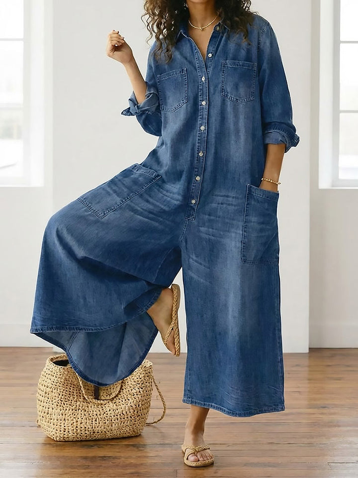 Diana | Vintage denim overal z praného bavlněného materiálu s knoflíkovým zapínáním