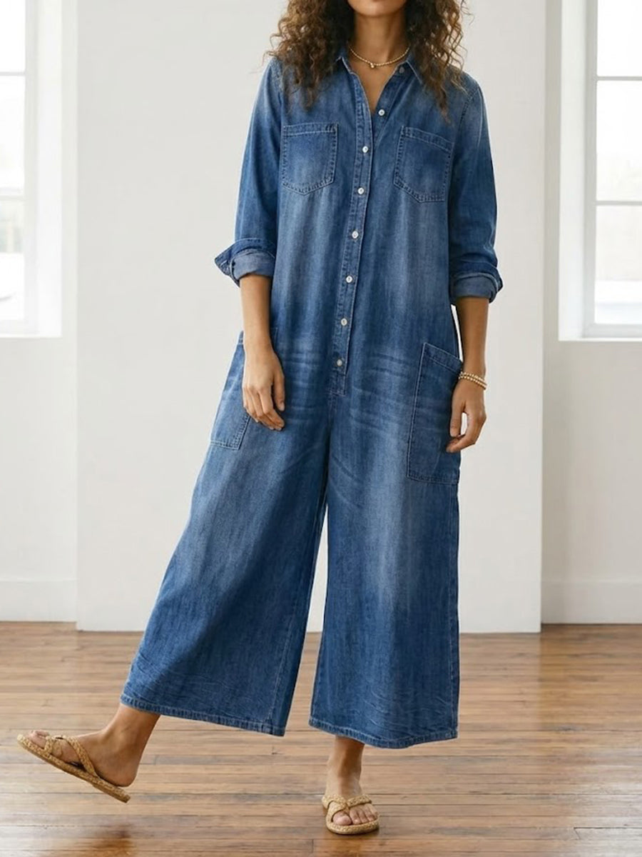 Diana | Vintage denim overal z praného bavlněného materiálu s knoflíkovým zapínáním