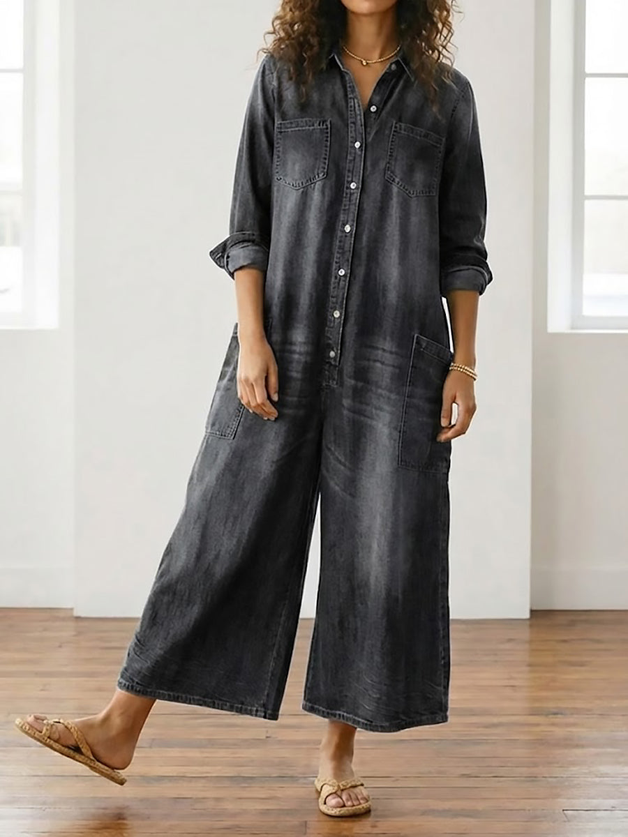 Diana | Vintage denim overal z praného bavlněného materiálu s knoflíkovým zapínáním