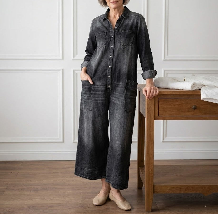Diana | Vintage denim overal z praného bavlněného materiálu s knoflíkovým zapínáním