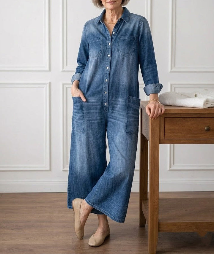 Diana | Vintage denim overal z praného bavlněného materiálu s knoflíkovým zapínáním