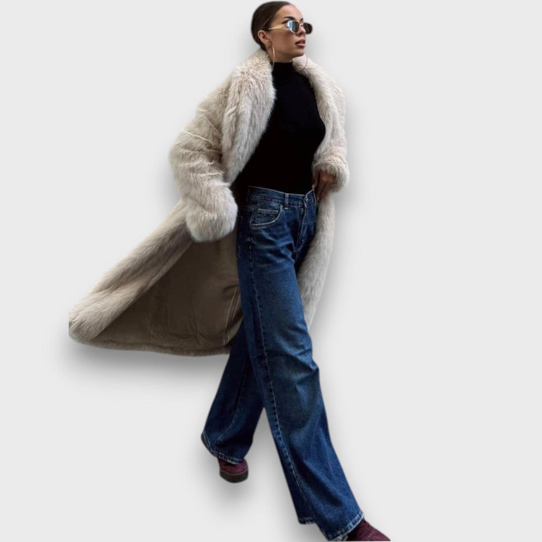 Liviane – Dlouhý kabát se syntetickým kožešinovým lemováním v couture stylu